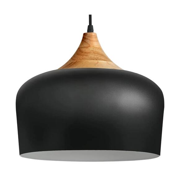 Modern Wood Dome Pendant Light – 12" Black Metal + Solid Wood, Adjustable Length - Picture 1 of 6